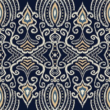 Ethnic ikat pattern. Illustration ethnic tribal yellow-blue color drawing pattern ikat style. Ethnic ikat oriental seamless pattern for fabric, textile, home decoration elements, upholstery, wrapping.