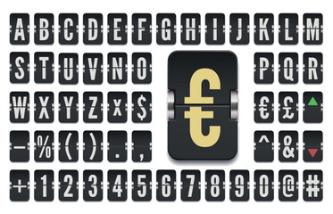 Black terminal mechanical scoreboard alphabet with numbers to display stock exchange rates vector illustration. Airport flip board regular font for financial markets advertising