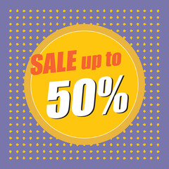 Design sale banner for big sale and a discount with a template color retro. Banner with discount on a graphic retro background with violet square and yellow.