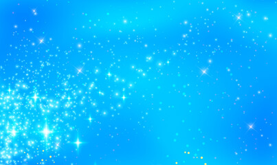Christmas abstract stylish light effect on blue sky background. Magic light stars on blue sky background. Luxury sparkle vector, magical dust particles. Star light glow effect. Vector illustration.