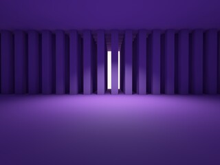 Blank purple display on purple background with minimal style and spot light. Blank stand for showing product. 3D rendering.