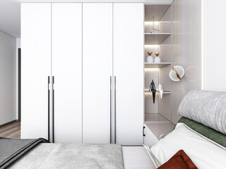 3D rendering, clean and tidy Nordic style bedroom design