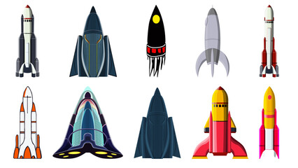 Set of cartoon space rockets isolated on white. Vector.