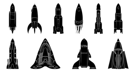 Set of black silhouettes of spaceships isolated on white. Vector. © Vladimir Kazakov