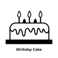 Birthday, wedding, or anniversary cake with three candles and two strawberries decoration. Black and white colored simple flat clean vector icon illustration pictogram isolated on white background.