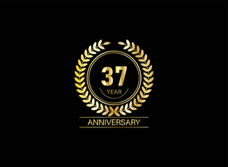 37 year anniversary celebration. Anniversary logo with ring and elegance golden color isolated on black background, vector design for celebration.