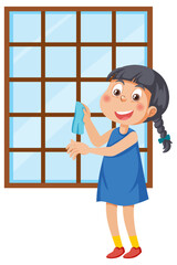 A girl cleaning window with rag