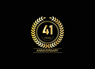 41 year anniversary celebration. Anniversary logo with ring and elegance golden color isolated on black background, vector design for celebration.