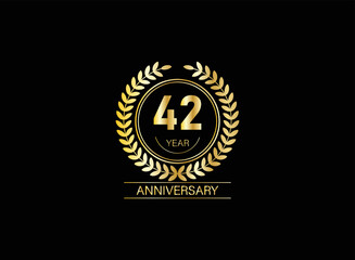 Fototapeta premium 42 year anniversary celebration. Anniversary logo with ring and elegance golden color isolated on black background, vector design for celebration.