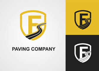 Initial F Letter with Street Asphalt, Paving and Shield for Construction Business Logo Template idea. Maintenance Roadwork