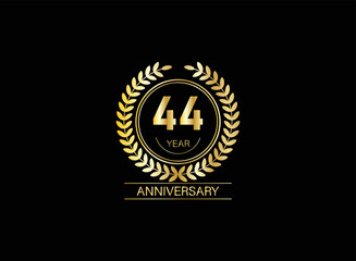 Fototapeta na wymiar 44 year anniversary celebration. Anniversary logo with ring and elegance golden color isolated on black background, vector design for celebration.