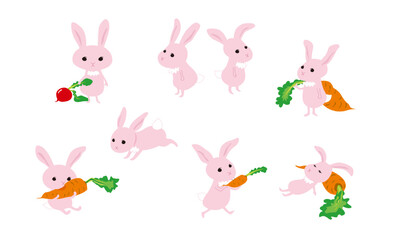 かわいいピンクウサギのポーズ集のイラスト