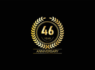 46 year anniversary celebration. Anniversary logo with ring and elegance golden color isolated on black background, vector design for celebration.