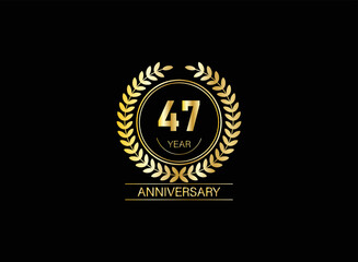 47 year anniversary celebration. Anniversary logo with ring and elegance golden color isolated on black background, vector design for celebration.