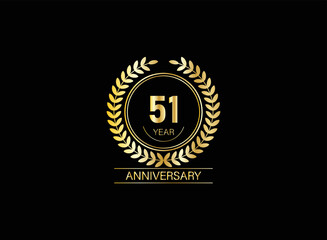 51 year anniversary celebration. Anniversary logo with ring and elegance golden color isolated on black background, vector design for celebration.