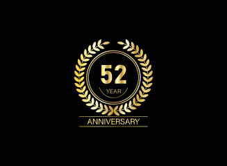 52 year anniversary celebration. Anniversary logo with ring and elegance golden color isolated on black background, vector design for celebration.