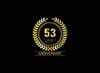 53 year anniversary celebration. Anniversary logo with ring and elegance golden color isolated on black background, vector design for celebration.