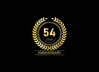54 year anniversary celebration. Anniversary logo with ring and elegance golden color isolated on black background, vector design for celebration.