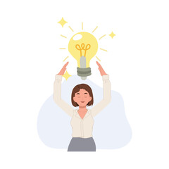 woman holding a large light bulbs in her hands. A big idea concept. Flat vector cartoon character illustration.