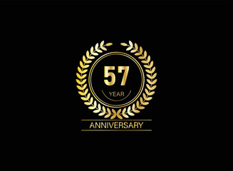 Fototapeta na wymiar 57 year anniversary celebration. Anniversary logo with ring and elegance golden color isolated on black background, vector design for celebration.