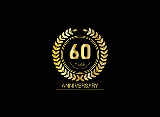 60 year anniversary celebration. Anniversary logo with ring and elegance golden color isolated on black background, vector design for celebration.