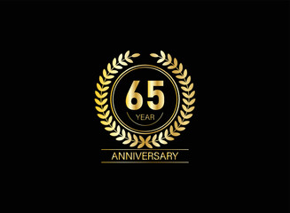 Naklejka premium 65 year anniversary celebration. Anniversary logo with ring and elegance golden color isolated on black background, vector design for celebration.