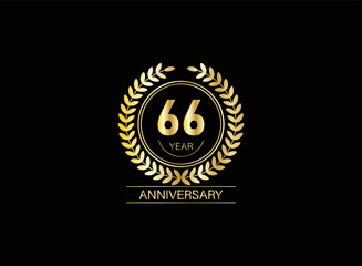 66 year anniversary celebration. Anniversary logo with ring and elegance golden color isolated on black background, vector design for celebration.