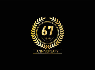 67 year anniversary celebration. Anniversary logo with ring and elegance golden color isolated on black background, vector design for celebration.
