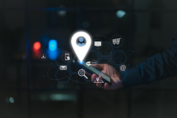 Digital Business Technology using mobile smart phone cellphone navigation travel walking through street