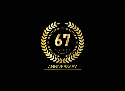 67 year anniversary celebration. Anniversary logo with ring and elegance golden color isolated on black background, vector design for celebration.