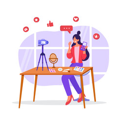 Female makeup content creator doing makeup tutorial live on youtube in studio.