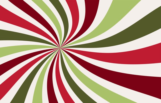 retro Christmas background, red white and green candy cane starburst, sunburst background vector pattern in a vintage hippy or groovy color palette, spiral or swirled radial striped holiday design