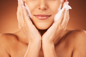 Woman, face and hands with soap skincare for a cometics beauty routine, natural body and liquid...