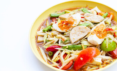 Spicy papaya salad with salted egg and vietnamese pork sausage