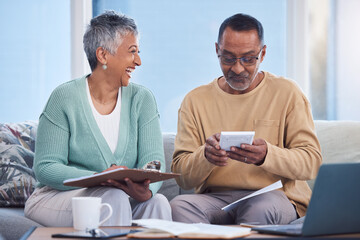 Budget, planning and senior couple on sofa paying debt, mortgage or bills together at home. Happy elderly man and woman with laptop, calculator and checklist to plan retirement, pension and savings. - Powered by Adobe