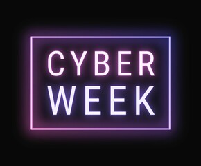 Cyber week neon web banner purple and pink glowing text on black background