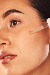 Beauty, face and woman with oil for facial and skincare, natural cosmetics zoom, moisturizer and...