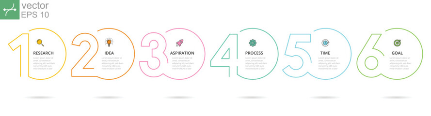 Infographic with numbers 6 steps or options, circle shape design template with icons. Flow chart, process diagram, presentations, business timeline. Thin line vector illustration EPS 10.