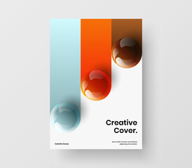 Multicolored magazine cover vector design layout. Abstract realistic spheres leaflet illustration.