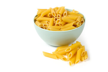 Raw pasta on a plate on a white background.
