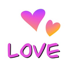 Illustration of Love lettering with 2 floating pink orange gradient hearts can be used on ads and cards .