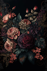 Roses on a black background. Abstract floral design for prints, postcards or wallpaper