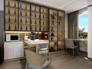 Obraz premium 3D rendering, Nordic wooden style restaurant design