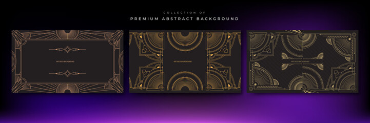 Art deco background with golden line and geometric shape on black background. Design element for wedding template, greeting card, retro card, art deco line frame border. Vector illustration