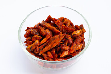 Fried Chili, Spicy snack on white background.