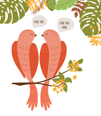Valentines day birds couple into the jungle with text Love you isolated elements. Romantic tropical birds, parrots are great for St. Valentines day greeting. Vector illustration of pink couple birds.
