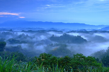 Fototapeta premium Beautiful sunrise mist with mountains and trees in Erliao, Zuozhen District, Tainan Taiwan
