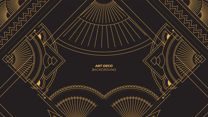 Art deco background with golden line and geometric shape on black background. Design element for wedding template, greeting card, retro card, art deco line frame border. Vector illustration