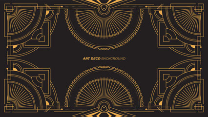Art deco background with golden line and geometric shape on black background. Design element for wedding template, greeting card, retro card, art deco line frame border. Vector illustration