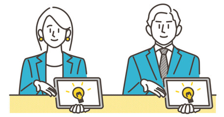 Male and female business person explaining and making a proposal on a tablet computer [Vector illustration].